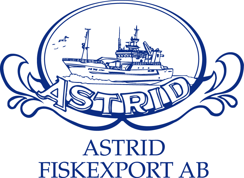 Logo for ASTRID FISKEXPORT AB, showcasing a stylized blue fishing boat within a nautical rope circle, highlighting the brand's marine industry focus.